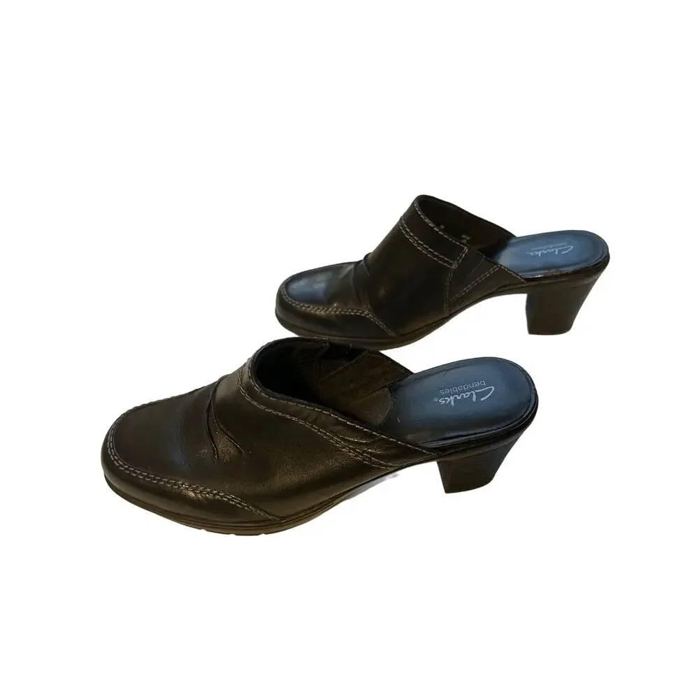 Clarks Bendables Mule Clog Heel Black Size‎ 7 Leather Stitch Detail